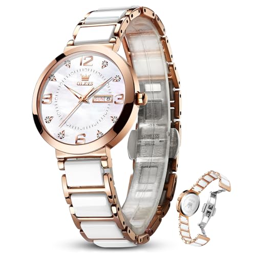 OLEVS Womens Watch Ceramic Band, Minimalist Ceramic Watches for Women, Rose Gold Case White Dial Bracelet Watch, Elegant Ladies Quartz Wristwatch, Water Resistant Fashion Watch for Everyday Wear