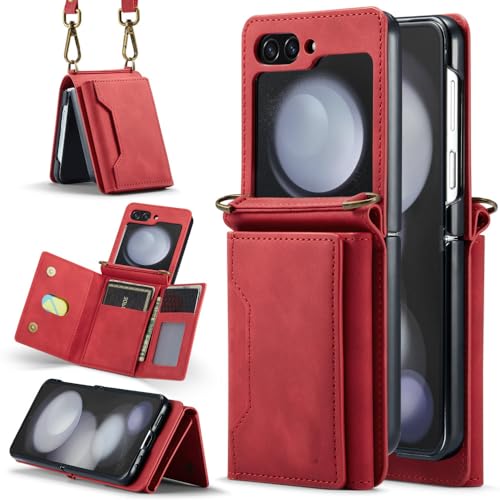 Étui en cuir de luxe rouge pour Samsung Z Flip 4, housse raffinée à lanière