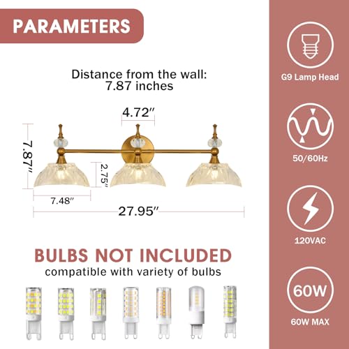 Image of Vintage Bathroom Light Fixtures Gold Bathroom Vanity Light with Glass Shade G9 Bulb Wall Sconces Lighting for Bedroom Living Room Kitchen Hallway