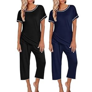 Lot De 2 Pyjamas Femmes Sleepwear T-Shirt Manche Courte + Pantalon 3/4 Ensemble Pyjama Femme Sexy Chic Coupe Ample Fluide Lingerie Idéal pour Printemps-Été Pyjama 2 Pièces