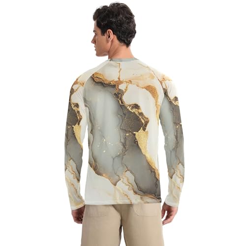 Marble White Yellow UPF 50+ Sun Shirts for Men Breathable Loose Mens Sun Protection Long Sleeve Summer2