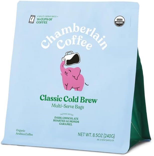 Chamberlain Coffee Organic Cold Brew Large Coffee Bags Medium Roast - Premeasured, Ready to Brew - Makes 4 Cups per Bag - Perfect for Iced Coffee, Convenient and Easy Brewing Experience - 8.5 oz