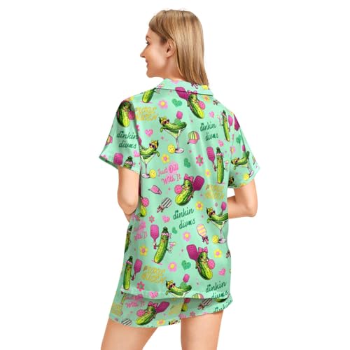 Image of Funny Pajamas for Women Set Print Satin Loungewear Pjs Short Sleeve Button Down Top and Shorts Sets Sleepwear XS-3XL
