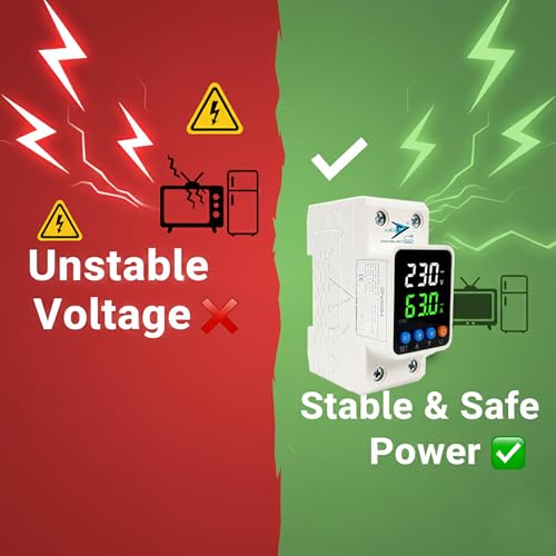 Image of MD Proelectra Automatic Digital Over /under Voltage and Over load Current Protector with adustable setting and Auto Re-Connect, 63A, 240V, DIN Rail Mount with LED Display (15KW)