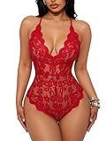 Buitifo Femmes Body en Dentelle Lingerie Sexy Teddy V-Cou One-Piece Babydoll Pyjama Négligé (Rouge-L)