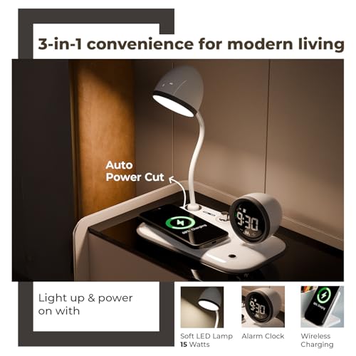 Image of Lifelong 3-in-1 Wireless Charging Desk Lamp with LED Light & Digital Alarm Clock|Fast Wireless Charging Pad, Adjustable Brightness, Touch Control & Night Mode|Perfect for Bedroom, Office & Study Table