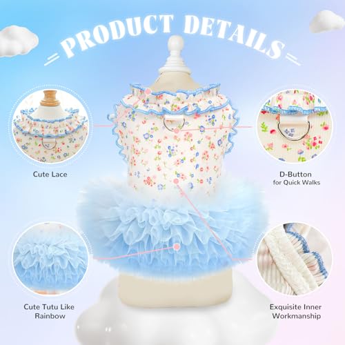 Floral Dog & Cat Dress with Tutu Skirt - Breathable Stretch Pet Clothes for Small Dogs Girl Cats & Puppies Birthday Party Outfit (Blue,Small) - Image 7