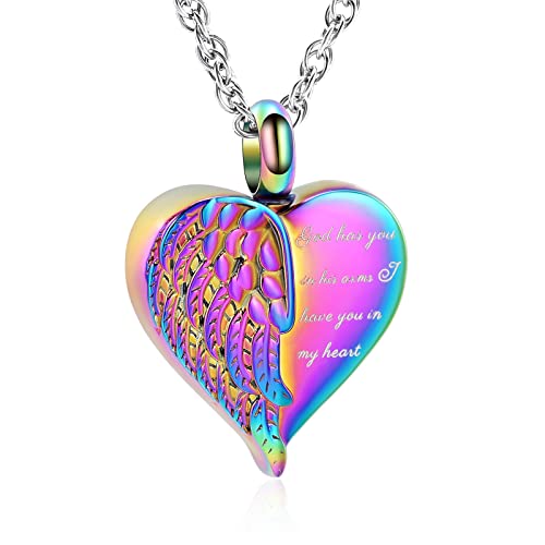 shajwo Cremation Jewelry Angel Wing Heart Urn Necklaces for Ashes Memorial Keepsake Pendant for Women Men,Rainbow