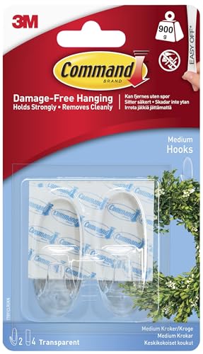 Command Medium Hook Pack of 2 Hooks and 4 Adhesive Strips Transparent - Damage Free Hanging - Holds up to 900g