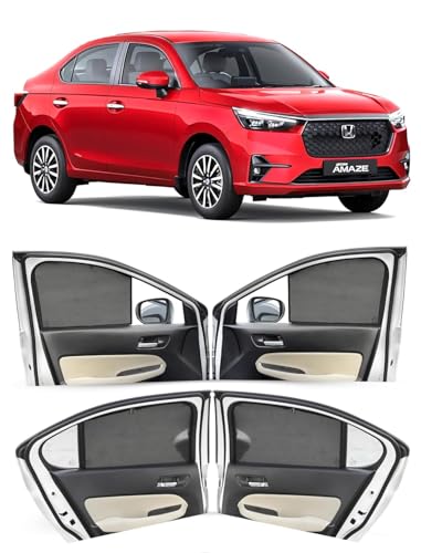 Image of Autofact Cotton Car Sunshades for Honda Amaze (2025 Onwards), UV Protection, Useful Car Accessories, Custom Fit Sun Shades for Side Windows, Set of 4, Black