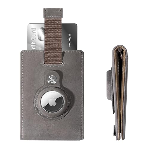 Slim Wallet for Men with AirTag Holder RFID Blocking Bifold Genuine Leather Minimalist Money Clip Pull Strap Easy Card Pullout (Petoskey Gray/Beige TWO-TONE)