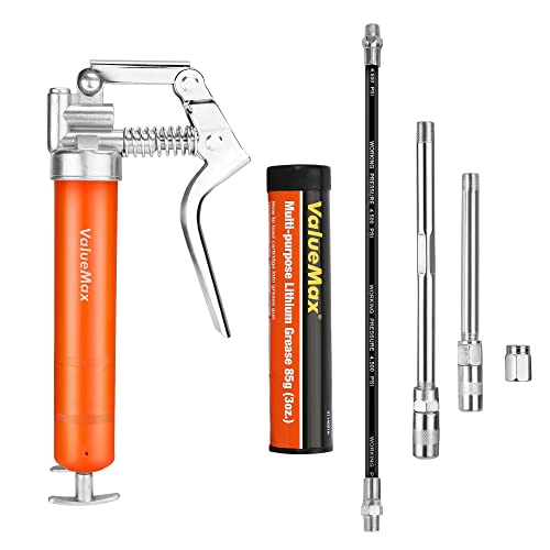 ValueMax Grease Gun, 6000PSI Heavy Duty Grease Gun Kit with 18inch Flexible Hose, 2 Extension Rigid Pipe, 2 Reinforced Couplers and 1 Special Sharp Nozzle, 14oz Load Capacity