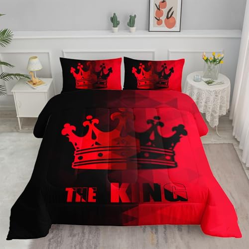 Image of Crown Comforter Set Black and Red Gradient Art Printed Bedding Set with 1 Comforter and 2 Pillowcases for Boys and Girls Bedroom All Season(Crown-2 Queen)