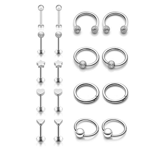 PiercingJ 18pcs Mixed Stainless Steel 16G Nose Rings Hoop Nose Studs Septum Ear