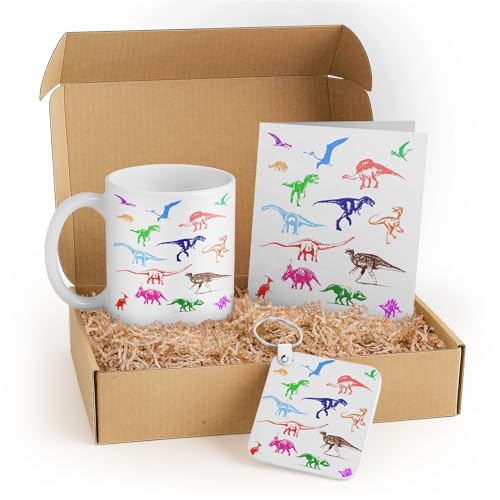 3dRose Dinosaur Lover Gift Set for Kids - Includes Mug, Keychain, and Card with Colorful Dinosaur Illustrations - Ideal Birthday Gift for Animal Enthusiasts