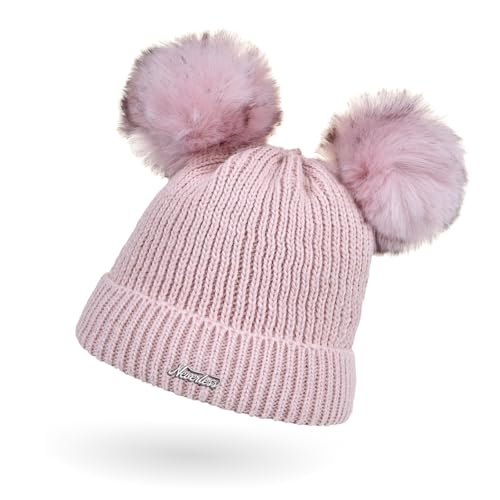 Neverless® Kinder Mädchen Strickmütze Zwei Bommel Kunstfell Doppelbommel Bommelmütze Wintermütze Pudelmütze Rippstrick Rosa Unisize