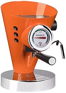 BUGATTI, Diva, Espresso Kaffee- und Cappuccino-Maschine, für gemahlenen Kaffee und Pads, 15 bar, 950 W, Fassungsvermögen 0, 8 Liter, elegantes Design, orange Farbe