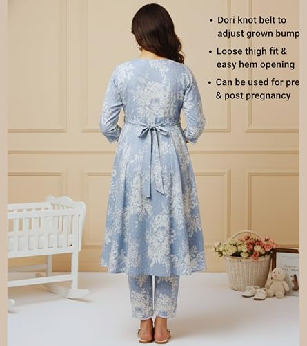 Image of DUMMY SHAPE Maternity Dresses for Women Cotton | Floral Kurta Pant Dupatta Set with Nursing Zippers, Side Pocket | Pre & Post Pregnancy | Feeding Kurti Suit | Baby Shower | Gifts for Pregnant Woman