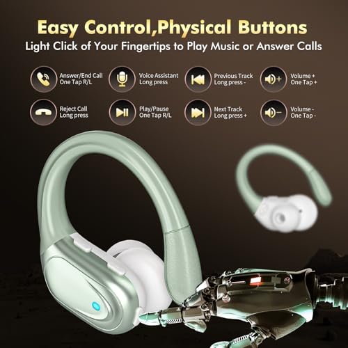 Image of HAOYUYAN Wireless Earbuds, Sports Bluetooth Headphones, 80Hrs Playtime Ear Buds with LED Power Display, Noise Canceling Headset, IPX7 Waterproof Earphones for Workout /Running（Light Green）