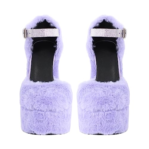 Women's Furry Platform Heels Faux Fur Chunky High Heel Mary Jane Pumps Shoes3
