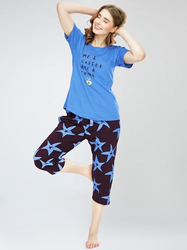 Image of ZEYO Night Suit for Women's Star Printed Cotton Night Dress of Top and Capri Set 5746