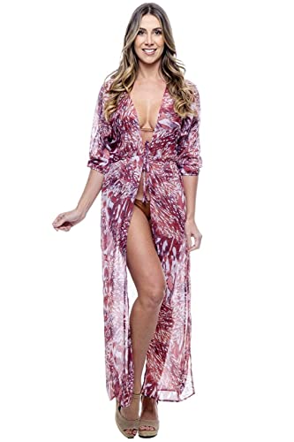 Vestido Saida Longa Fendas Mangas Bufantes Decote V Estampado Animal Print Verm Tam:Único