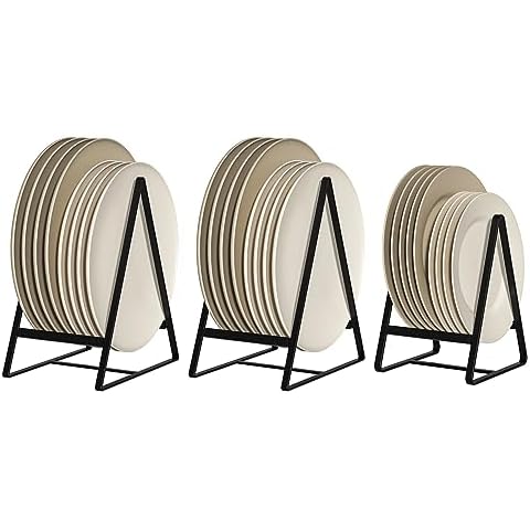 Hikinlichi 2 Large 1 Small Triangle Plate Holders Organizers Upright Cabinet Dish Drying Racks Metal Plate Dish Organizers Racks Stands for Countertop and Cupboard Black Cover
