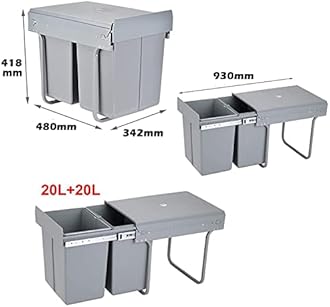 Pull Out Kitchen Waste Bin Under Cabinet 20L + 20L Recycling Kitchen Cabinet Trash Can with Lid and Handle Waste Containers with Double Sliding Trash Can Rubbish Garbage Sorting Gray