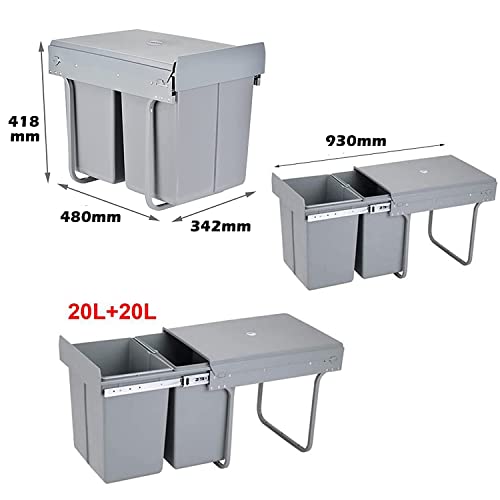ybaymy Pull Out Kitchen Waste Bin Under Cabinet 20L + 20L Recycling Kitchen Cabinet Trash Can with Lid and Handle Waste Containers with Double Sliding Trash Can Rubbish Garbage Sorting Gray - Image 5