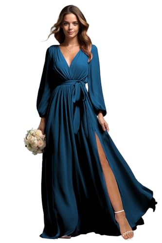 Women's Long Sleeve Bridesmaid Dresses for Wedding Chiffon Pleated Formal Evening Gown with Slit