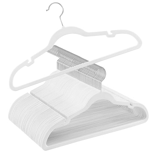 SONGMICS Cintres en Velours, Lot de 50, Antiglisse, avec Encoches, Barre pour Pantalons, Crochet Pivotant à 360°, Gain de Place, Épaisseur 0,6 cm, Longueur de 43 cm, Blanc CRF029W05