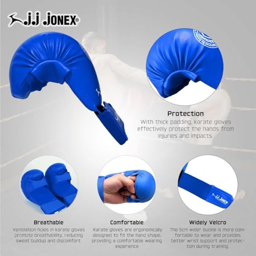 Image of Jonex JJ Moulded Karate Glove, Punching Bag Gloves for Training, Foam Padding, Elastic Hook & Loop Wrap Around Strap, Gloves for Better Protection | PU Shell | Foam Padding | Blue |