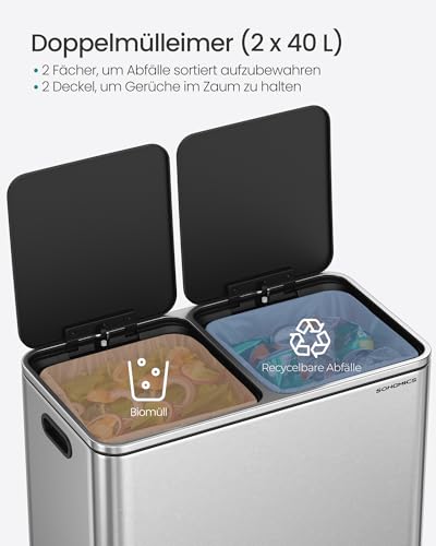 SONGMICS Mülleimer, 2 x 40 Liter, 2 Fächer, Mülltrennsystem, Treteimer, Abfalleimer Küche, 15 Müllsäcke, Metall, Inneneimer aus Kunststoff, Klappdeckel, Softclose, silbern-schwarz LTB730E80