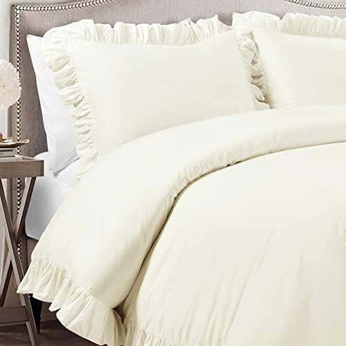 Image of Lush Decor Reyna Ruffle Cotton Duvet Cover Set 3 Piece Set King, Ivory - King Size Bedding Set - Cream Duvet King - Ruffled Bedding - Coquette Decor