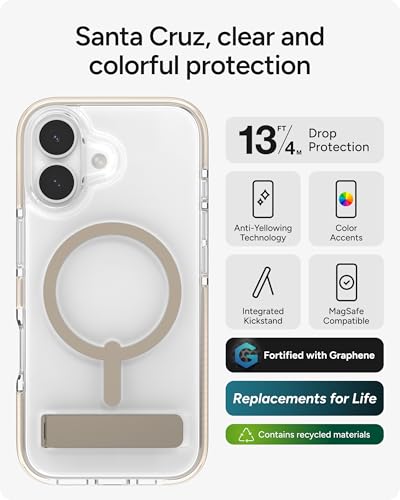 Image of ZAGG Santa Cruz Snap Case with Kickstand for iPhone 17 - Titanium, Drop Protection (13ft /4m), MagSafe Charging Compatible, ClearGuard Anti-Yellowing Technology, Scratch Resistant Phone Case