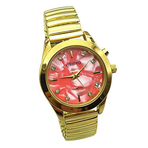 VISIONU Montre Parlante Analogique avec Alarme Annonce de l'heure et Date en Français pour Aveugle et Les Personnes Malvoyant, Couleur Dorée,Bracelet Extensible TAG-1307F