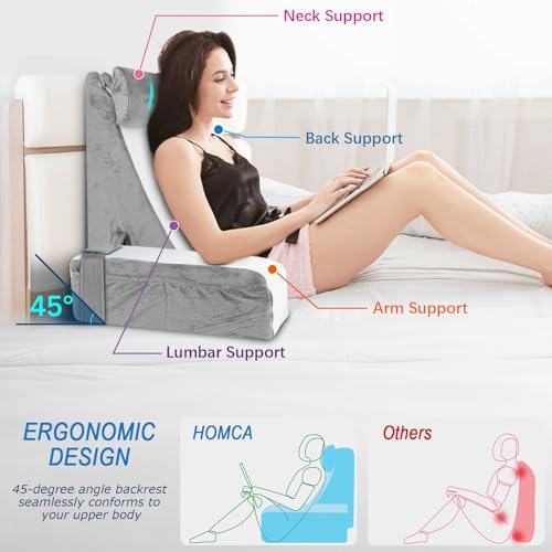 HOMCA Reading Pillow for Bed - Back Pillow for Sitting Up with Arms Rest, Full Support Back Rest Pillow for Adult Bed Rest Pillow for Reading/Watching TV/Resting/Gaming (Grey/White, Standard)