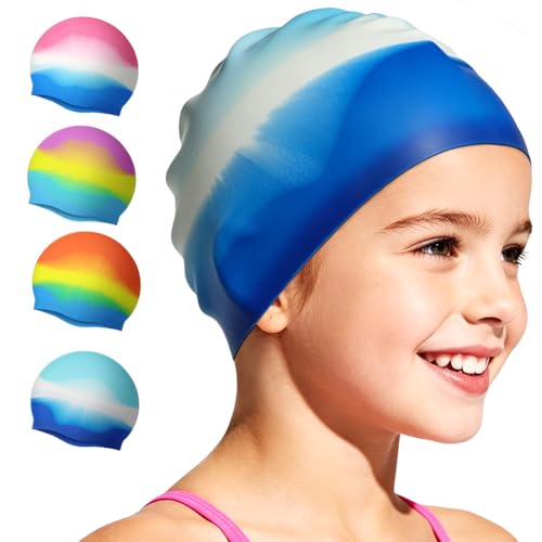 AOOSU Badekappe Kinder Wasserdicht, Silikon Badehaube für Jungen & Mädchen mit Anti-Rutsch und UV-Schutz, Bequem Schwimmkappe für Langes und Kurzes Haar-Reißfest-Gradient C