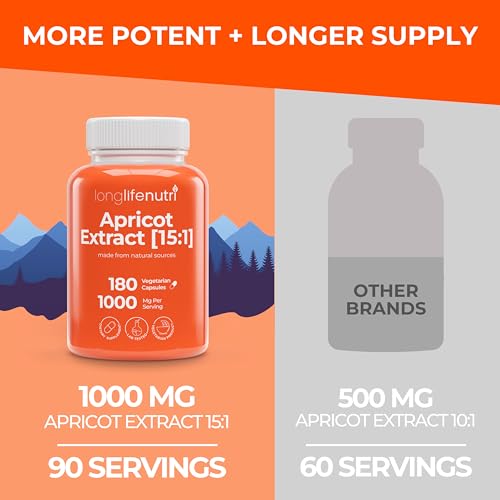 Apricot Extract - Advanced Formula, 1000mg per Serving, 180 Vegetarian Capsules for Natural Vitality, 3-Month Supply, Organic from Prunus Armeniaca - 15:1, Made in USA, Lab Tested, Non-GMO