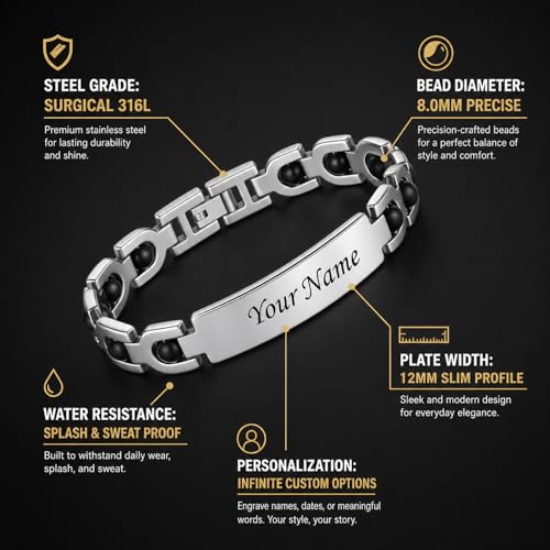 Image of Personalized Name Karungali Bracelet for Men & Women | Engraved Stainless Steel Adjustable Bracelet | Customized Gift for Husband, Wife, Boyfriend, Girlfriend, Friends & Family | Custom Name Jewelry Gift in Silver with Gift Box