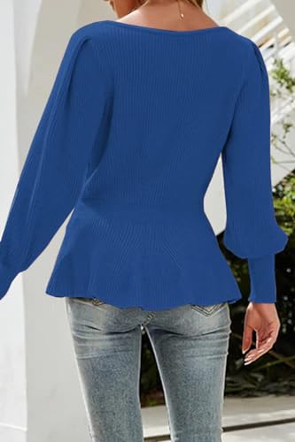 Image of Womens Fall Puff Sleeve Peplum Casual Slim Fit Knit Pullover Sweater Jumper Tops