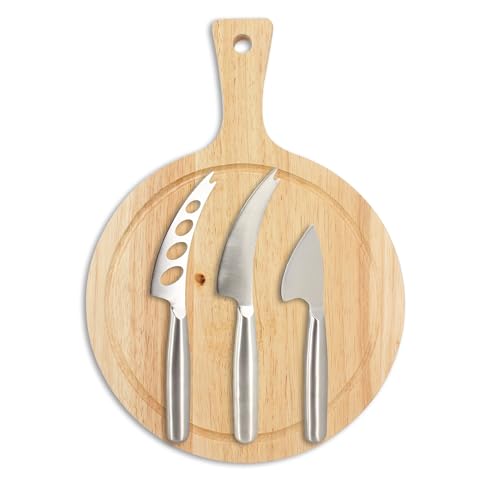 Menastyl 5040076 - Tabla de cortar redonda de 24 cm de acacia con 3 cuchillos de queso