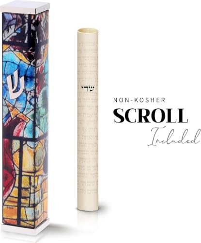 Image of SURI Mezuzah with Scroll for Door | 6 Inch Modern Aluminum Mezuzah Case | Fits 5 Inch Scroll | Gold & Silver Chagall-Inspired Design | Self Adhesive Easy Install | Judaica Jewish Gift