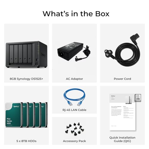 Image of Synology DS1525+ NAS Server Bundle 5 Bay (8GB RAM, 40TB Storage) - 5 x 8TB Synology NAS Hard Drives, High Desktop Network Storage Device