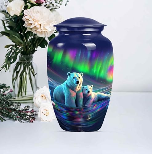 Image of Northern Lights Polar Bear Urn for Adult Ashes Male & Female - Large Memorial Urns for Human Ashes - Elegant Aurora Borealis Themed Burial Urns - Decorative Urn (Large 10 inch)