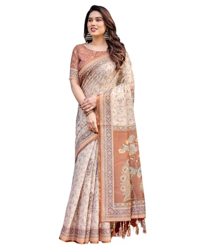Image of ALMAARI FASHION Cotton Saree for Women with Floral Printed Design and Traditional Zari Border, Soft Lightweight Ethnic Saree for Wedding Festive Party Office Wear with Blouse Piece