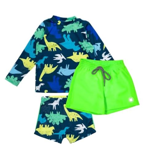 Kit Blusa Sunga Com Proteção Uv+ Bermuda Tactel Praia Menino (Padrão, Reino dos Dinos Marinho M104 + Verde Lima 74, 2)