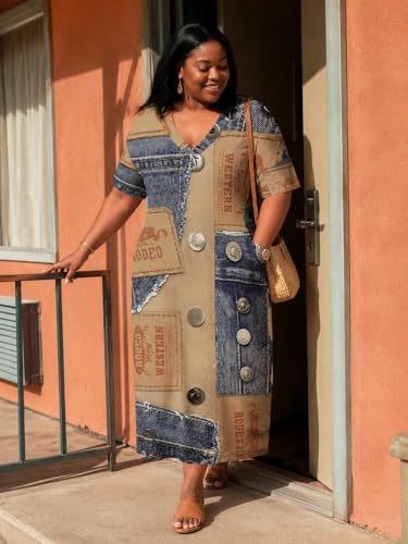 Image of Plus Size Vintage Patchwork Denim Print Dress for Women V Neck Short Sleeve Maxi Dress with Pockets Casual Western Cowgirl Summer Dress 2XL