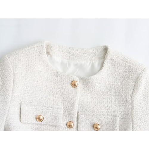 Xaspee Women's Cropped Tweed Jacket Collarless Long Sleeve Button Down Office Business Blazer Jacket with Pockets3