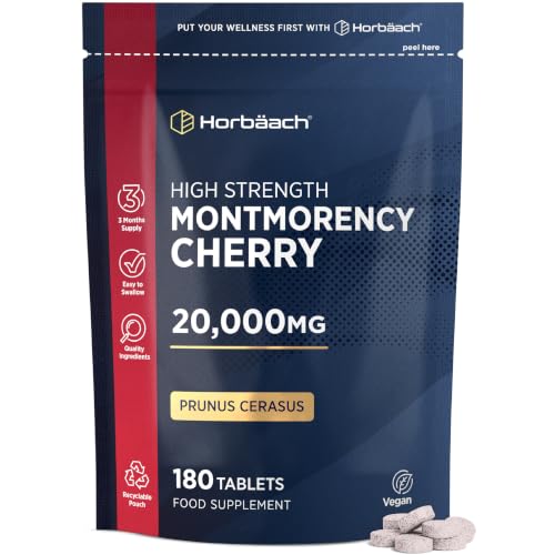 Montmorency Cherry Tablets 20 000mg | 180 Tart Cherry Active Pills - 3 Months Supply | Easy-to-Swallow | 50:1 Natural Tart Cherry Extract Supplement for Men & Women | Vegan | by Horbaach